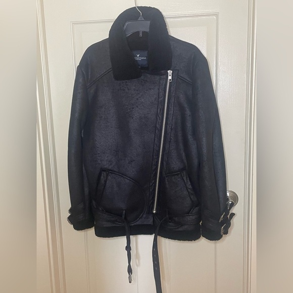 American Eagle Faux Suede Shearling Lined Distressed Moto Jacket,  Bl,  Sz XL - Picture 8 of 16
